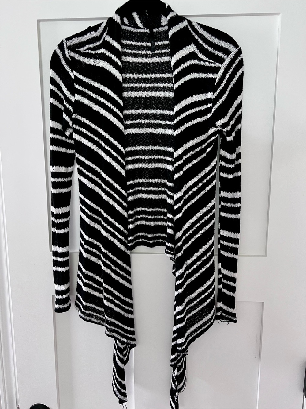Black & White Striped Open Front Women's Cardigan Sweater